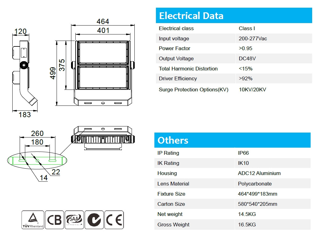 Flood Light 500W 150-160lm/w Sosen 5000K Non-dimmable