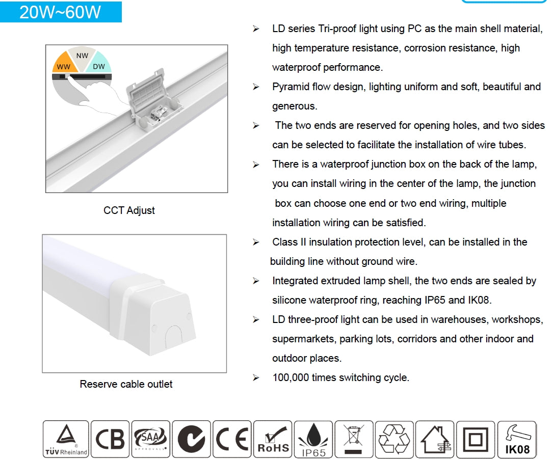 Linear Tri-proof Light 40W 110lm/w 5000K Non-dimmable IP66