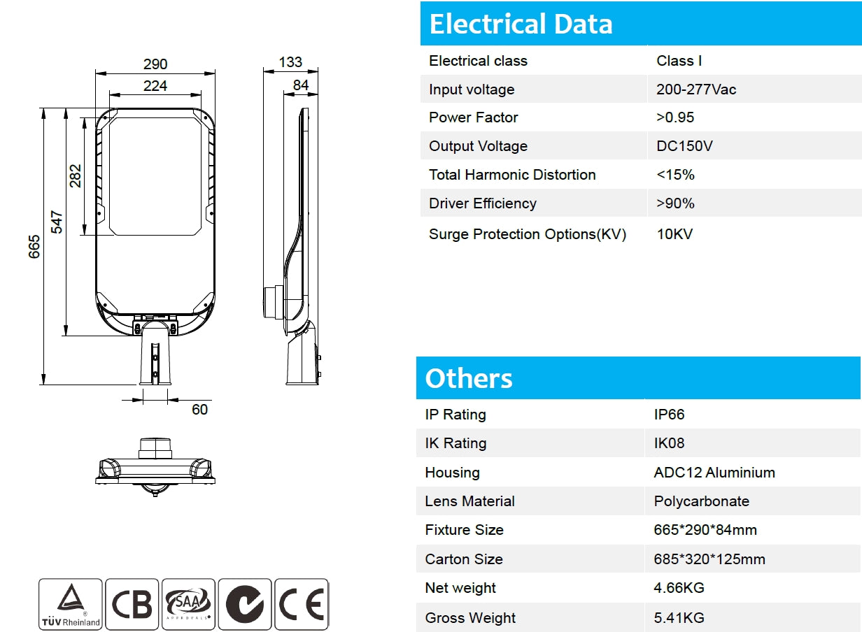 Street Light 200W 130-140lm/w 5000K Non-dimmable IP66 10KV SPD