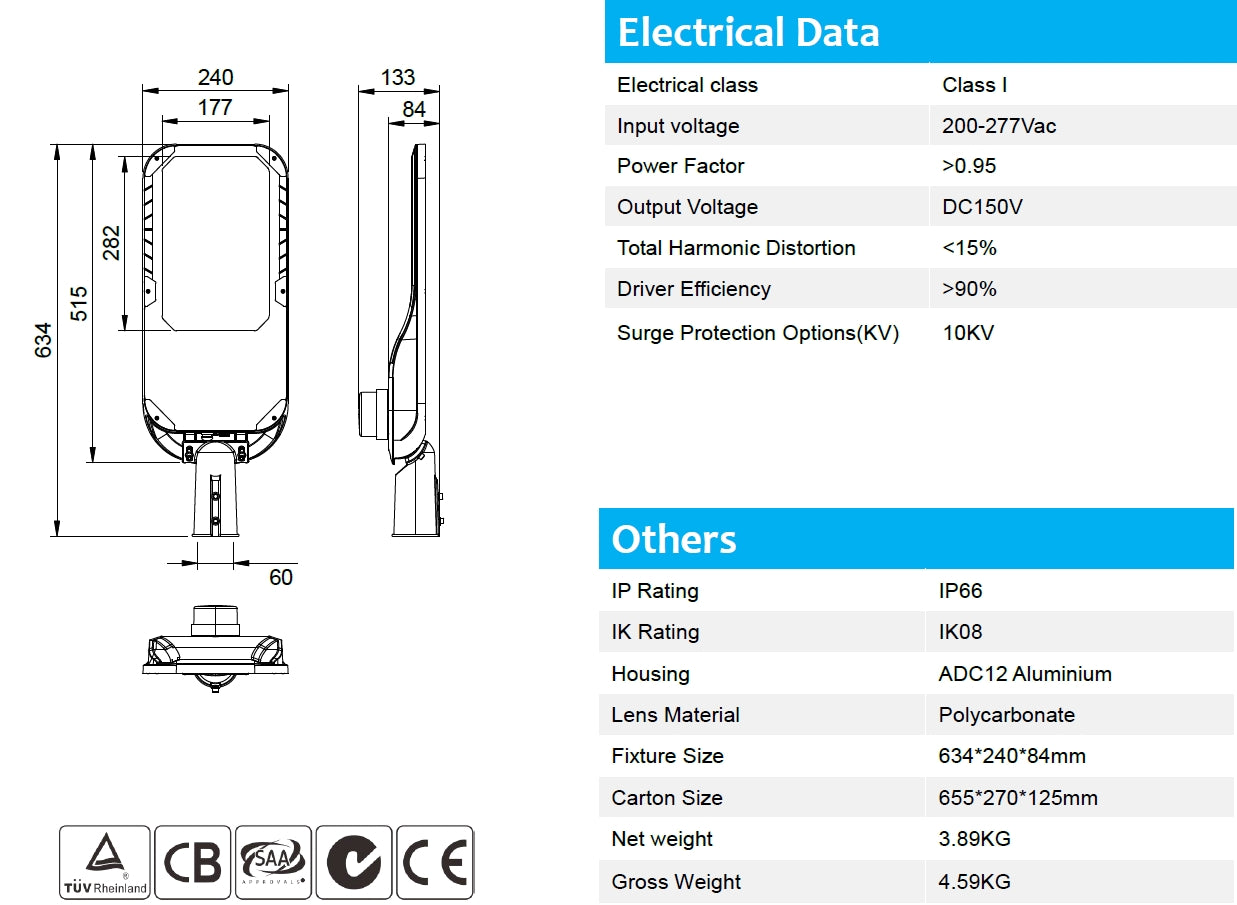 Street Light 150W 130-140lm/w 5000K Non-dimmable IP66 10KV SPD