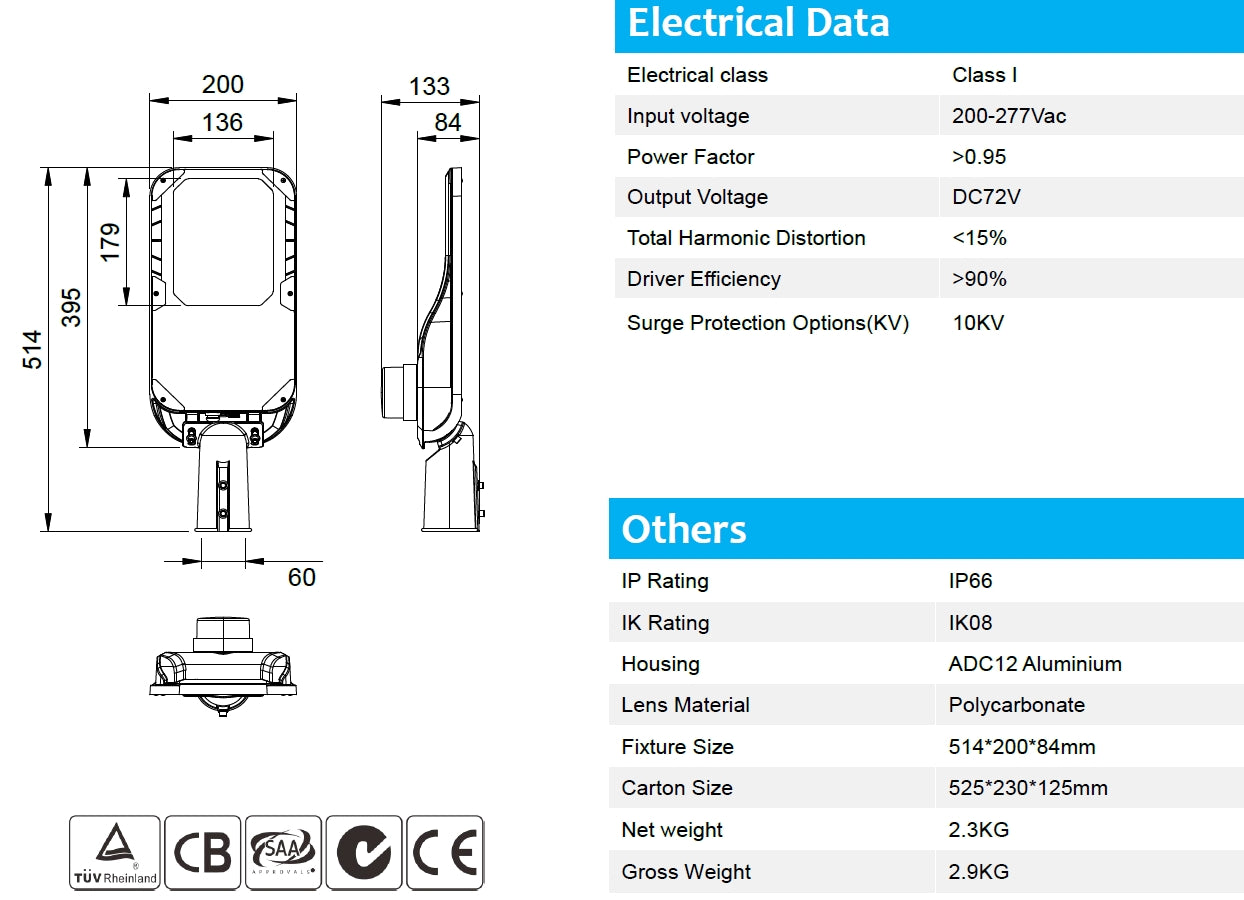 Street Light 50W 130-140lm/w 5000K Non-dimmable IP66 10KV SPD