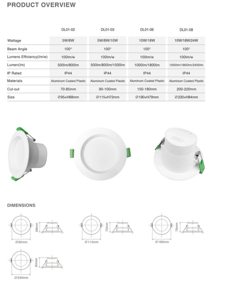 5W Dimmable LED Downlight (3000K, 4000K, 5000K), 92mm Diameter, 70mm cutout