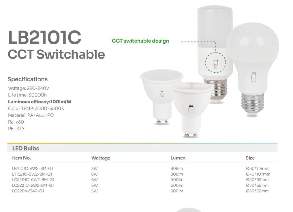 6W GU10 Bulb, CCT:3000K+4000K+6500K, 600lm