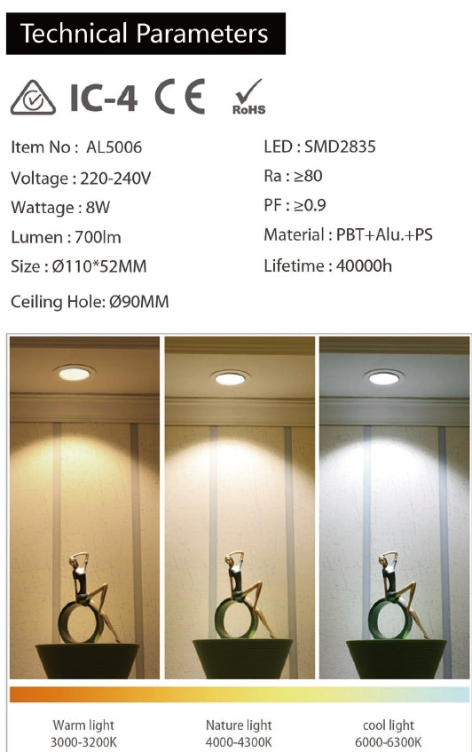 7W SMD dimmable downlight, CCT:3000K+4000K+6000K, 560lm, cut:75mm, size:95x57mm