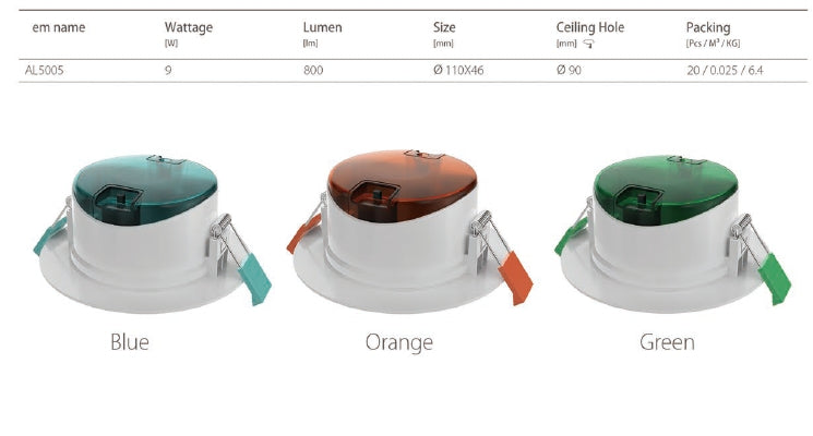 9W SMD dimmable downlight, CCT:3000K+4000K+6000K, 800lm, cut:92mm, size:110x46mm