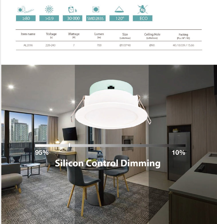 7W SMD dimmable downlight, CCT:3000K+4000K+6000K,700lm, cut:92mm, size:105x48mm