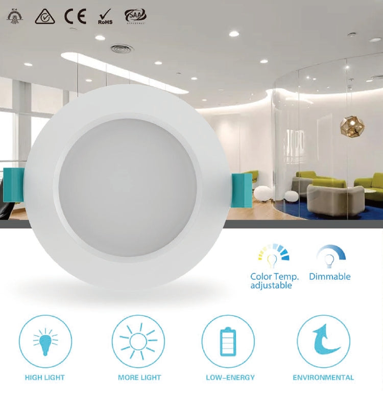 9W SMD dimmable downlight, CCT:3000K+4000K+6000K, 800lm, cut:92mm, size:110x46mm