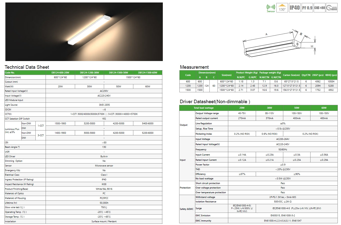 124mm width LED Batten light CCT 38W