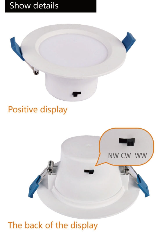 7W SMD dimmable downlight, CCT:3000K+4000K+6000K, 560lm, cut:75mm, size:95x57mm