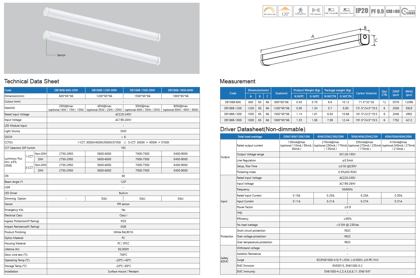 high efficiency 150lm/w LED Batten light CCT 20W