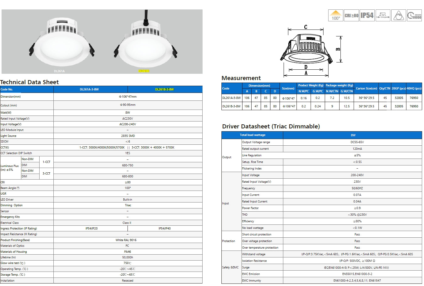 IC-4 90mm cutout integrated driver LED Downlight 106x47mm with flex cable & plug