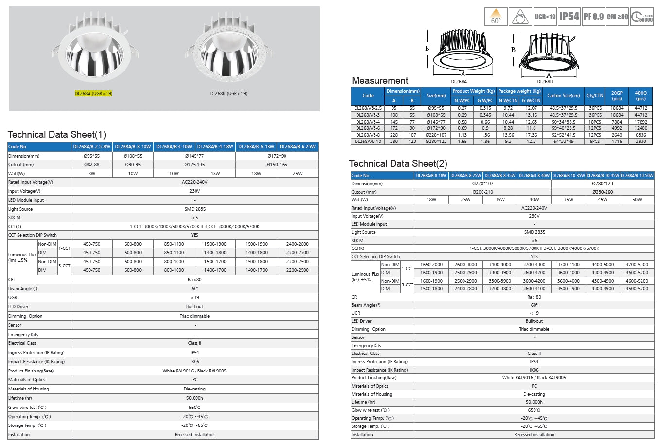 UGR19 SMD LED Downlight CCT 13W with flex cable & plug