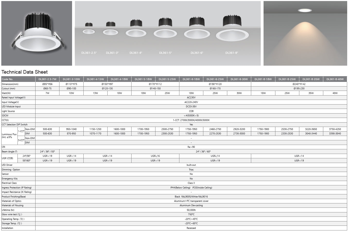 UGR19 COB LED Downlight 10W with flex cable & plug